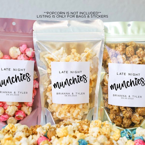 Late Night Munchies Stickers and Bags, Wedding Favor Bags, Wedding Treat Bags, Bridal Shower Favors, Wedding Favor Bags, Popcorn Bags