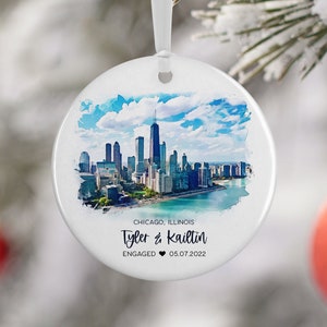 Chicago Illinois Engagement Ornament, Wedding Gift, Travel Gift, Engaged Couple, Engagement Gift, Honeymoon, Married, Vacation Gift 3071