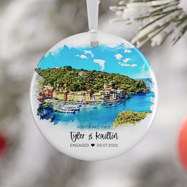 Portofino Italy Engagement Wedding Ornament, Engaged in Portofino Italy, Travel, Vacation, Honeymoon, Travel Gift, Engagement Gift 3052