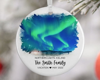 Northern Lights Iceland Ornament, Family Vacation, Engaged, Married Ornament, Travel Gift, Wedding Engagement Gift Souvenir 3208