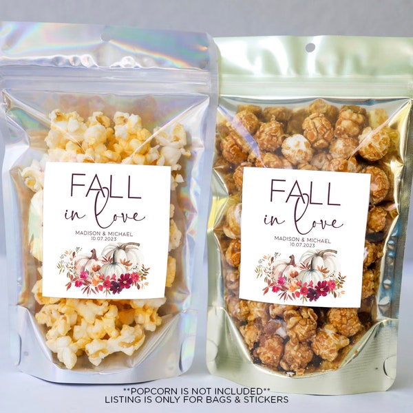Fall in Love Autumn Pumpkin Favor Bags & Stickers: Personalized Wedding Snack Pouches