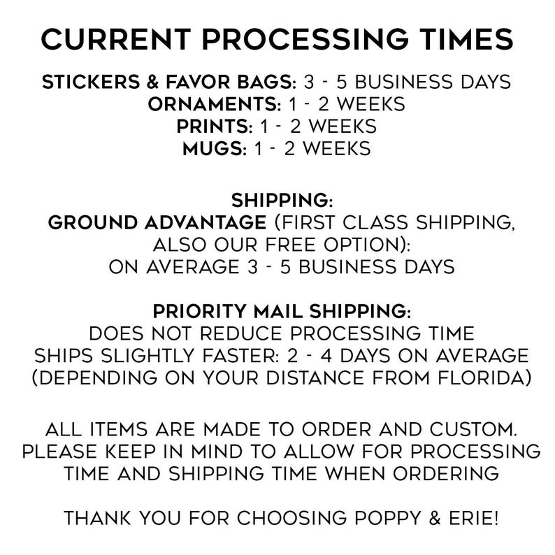 Puede incluir: Una imagen de texto que enumera los tiempos de procesamiento actuales para varios art&iacute;culos, incluidos pegatinas, bolsas de regalo, adornos, impresiones y tazas. Tambi&eacute;n enumera las opciones de env&iacute;o, incluidas Ground Advantage y Priority Mail Shipping, con los tiempos de entrega estimados.