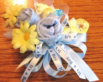 Baby Sock corsage, Handmade baby sock shower corsage, Baby shower gift