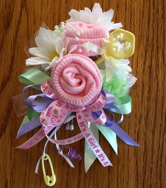 Baby Sock Baby Shower Corsage,  Handmade Infant Sock Baby Shower Corsage, Baby Shower gift, Baby Sock gift
