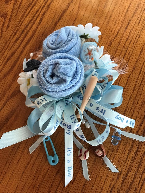 Baseball Theme Baby Sock Baby Shower Corsages-Handmade Baby Sock Shower Corsages, Shower gift
