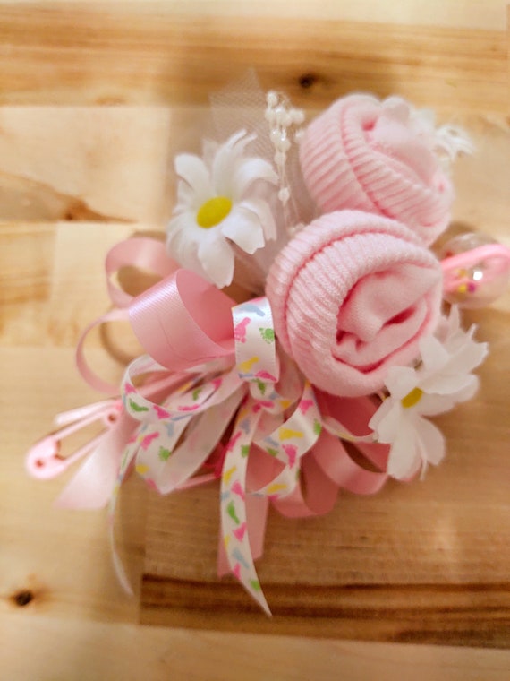 Pitt-a-Patter Footprint Ribbon Baby Sock corsage, Handmade baby sock shower corsage, Baby Shower gift, Keepsake