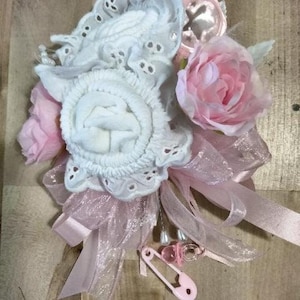 White Eyelet Lace socks, Baby Sock corsage, Handmade baby sock shower corsage, Shower gift