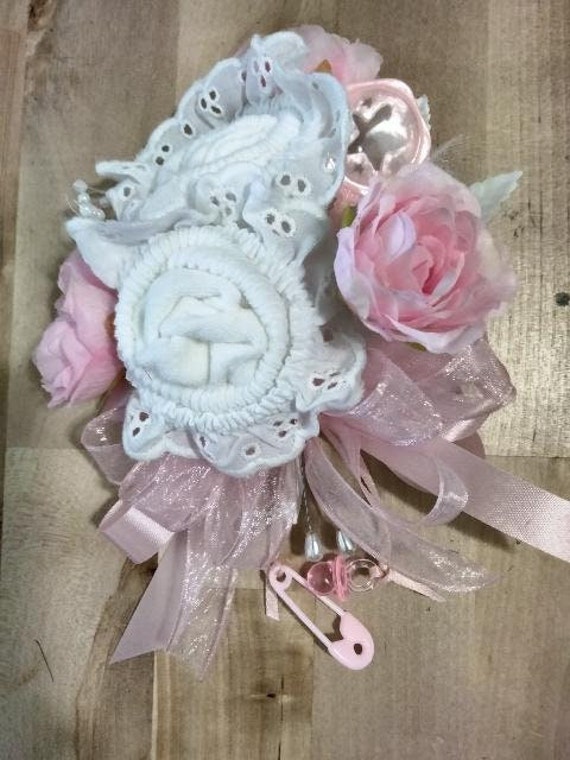 White Eyelet Lace socks, Baby Sock corsage, Handmade baby sock shower corsage, Shower gift