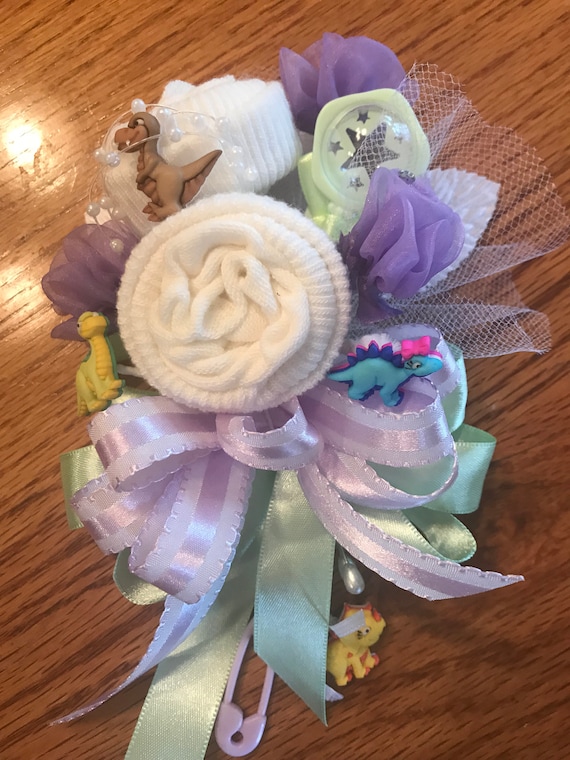 Dinosaur Theme Baby Sock Baby Shower Corsages-Handmade Baby Sock Shower Corsages, Shower gift