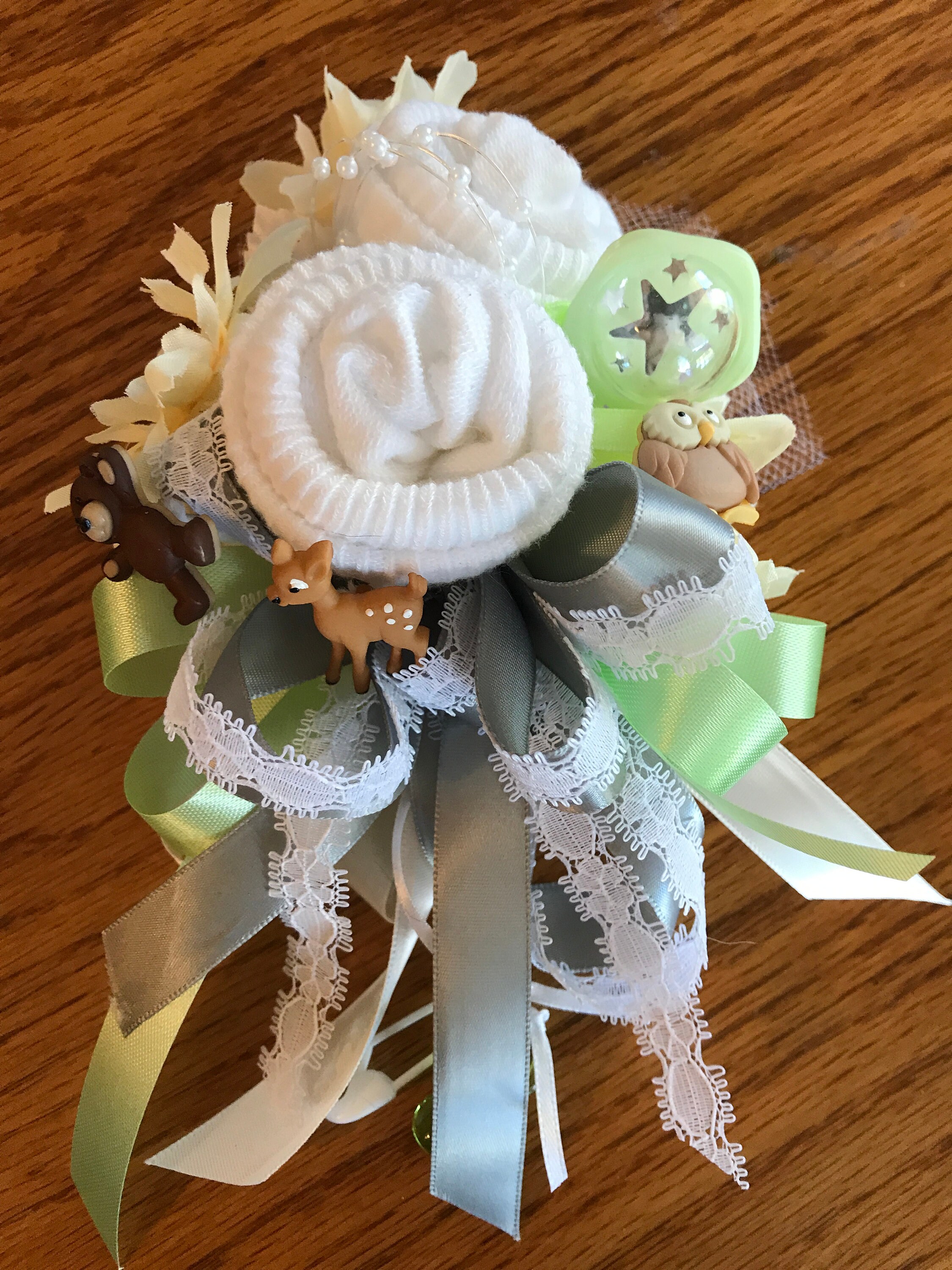 Woodland Animal Theme Baby Sock Baby Shower Corsages-Handmade Baby Sock ... White And Baby Blue Corsage