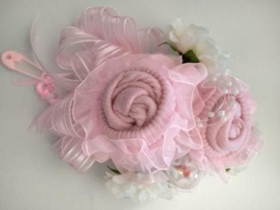 Pink Lace sock  with white carnations.    Baby Sock Baby Shower Corsage,  Handmade Infant Sock Baby Shower Corsage, Keepsake