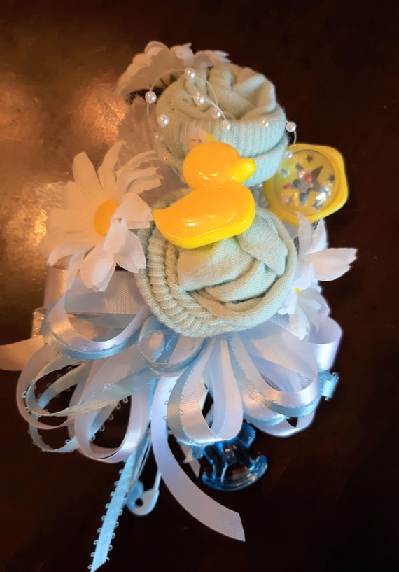Rubber Duck Baby Sock Baby Shower Corsage,  Handmade Infant Sock Baby Shower Corsage
