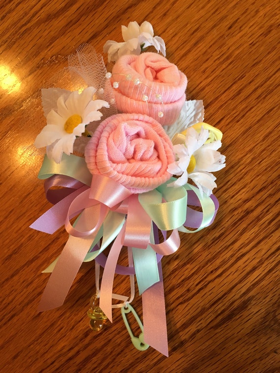 Baby Sock Baby Shower Corsage,  Handmade Infant Sock Baby Shower Corsage, Baby Shower gift, Baby Sock gift