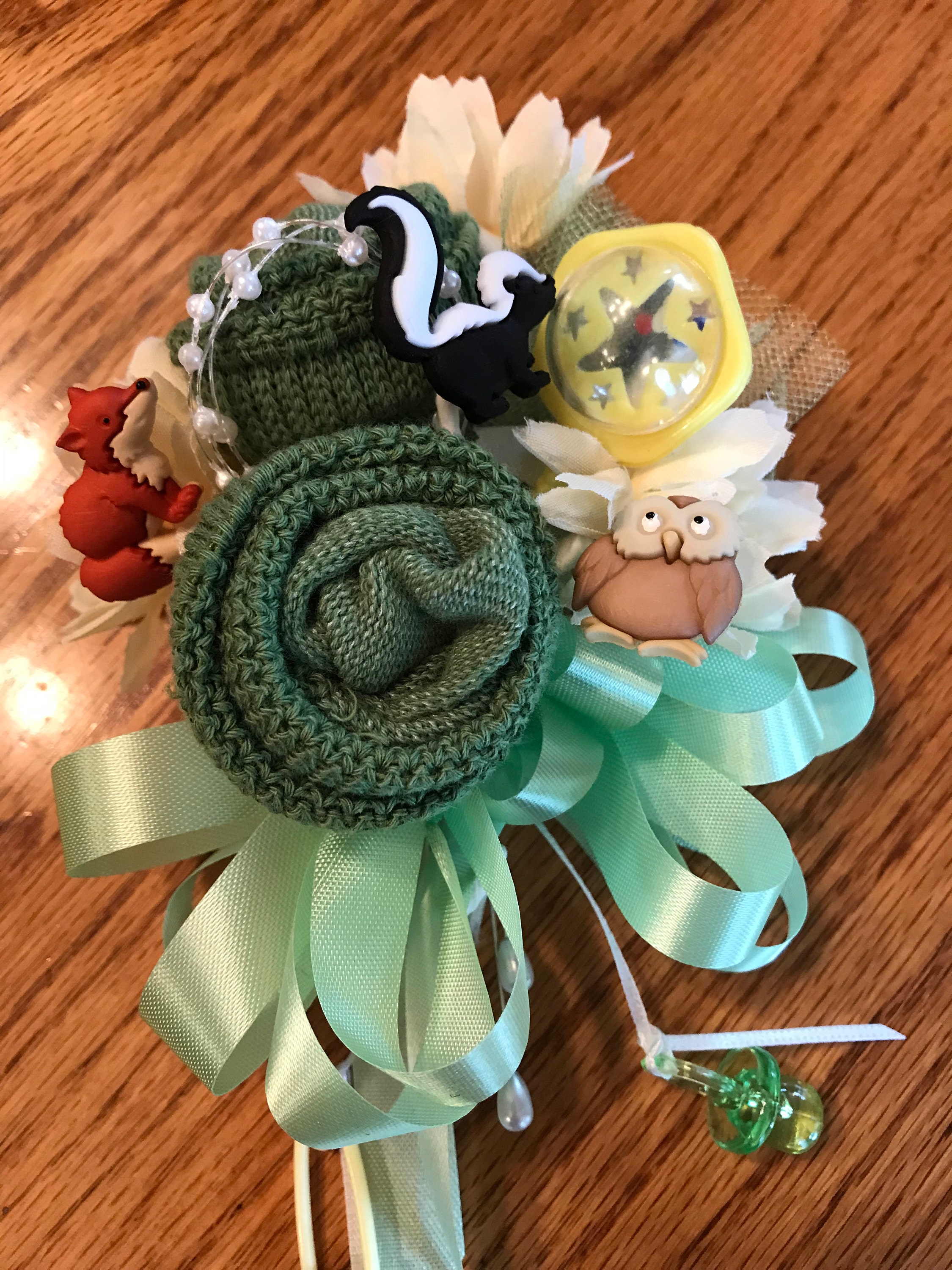 Woodland Animal Theme Baby Sock Baby Shower Corsages-Handmade Baby Sock ... White And Baby Blue Corsage