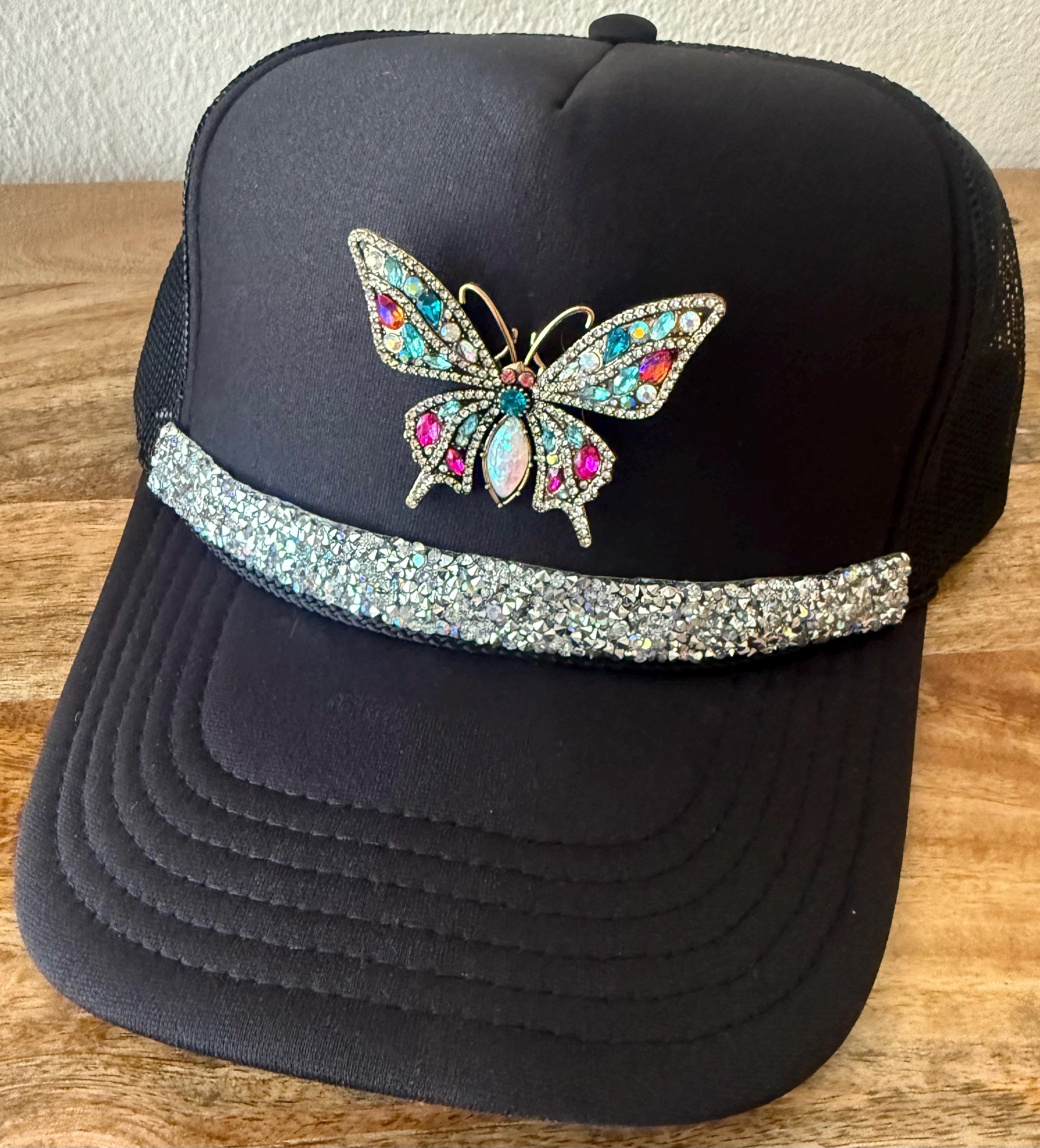 Rhinestone Butterfly Black Trucker Hat, Bling Trim - Etsy display picture 2