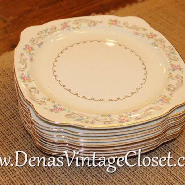 Vintage Paden City Pottery Duchess Pattern Ivory Floral 8" Square Salad Plate