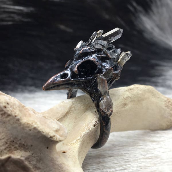 Copper Raven Ring - Raven Ring - Replica Skull - Raven Skull - Skull Ring - Size 8 Ring - Quartz Ring - Oddities