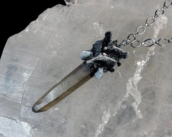 Hand-Painted Goat Vertebrae Necklace: Smoky Quartz Crystal Pendant