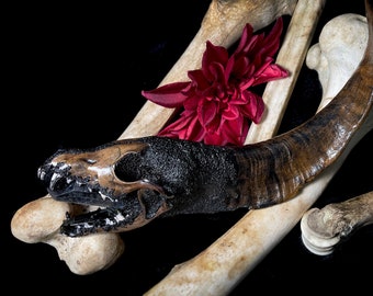 Arctic Fox Skull Wand: Smoky Quartz, Tourmaline, Bone Art