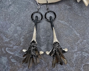 Deer Vertebrae Ear Weights: Smoky Quartz Crystal Dangle Plugs (6mm/2 Gauge)