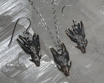 Electroformed Copper Mouse Skull Necklace & Earrings: Goth Bone Jewelry Set