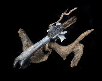 Deer Bone Wand: Smoky Quartz Crystal, Hand-Painted Altar Tool