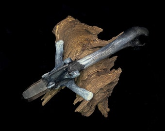 Deer Bone Wand: Smoky Quartz Crystal, Hand-Painted Altar Tool