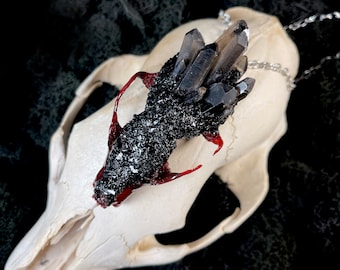 Resin Skull Pendant: Smoky Quartz Crystals, Pine Marten Replica