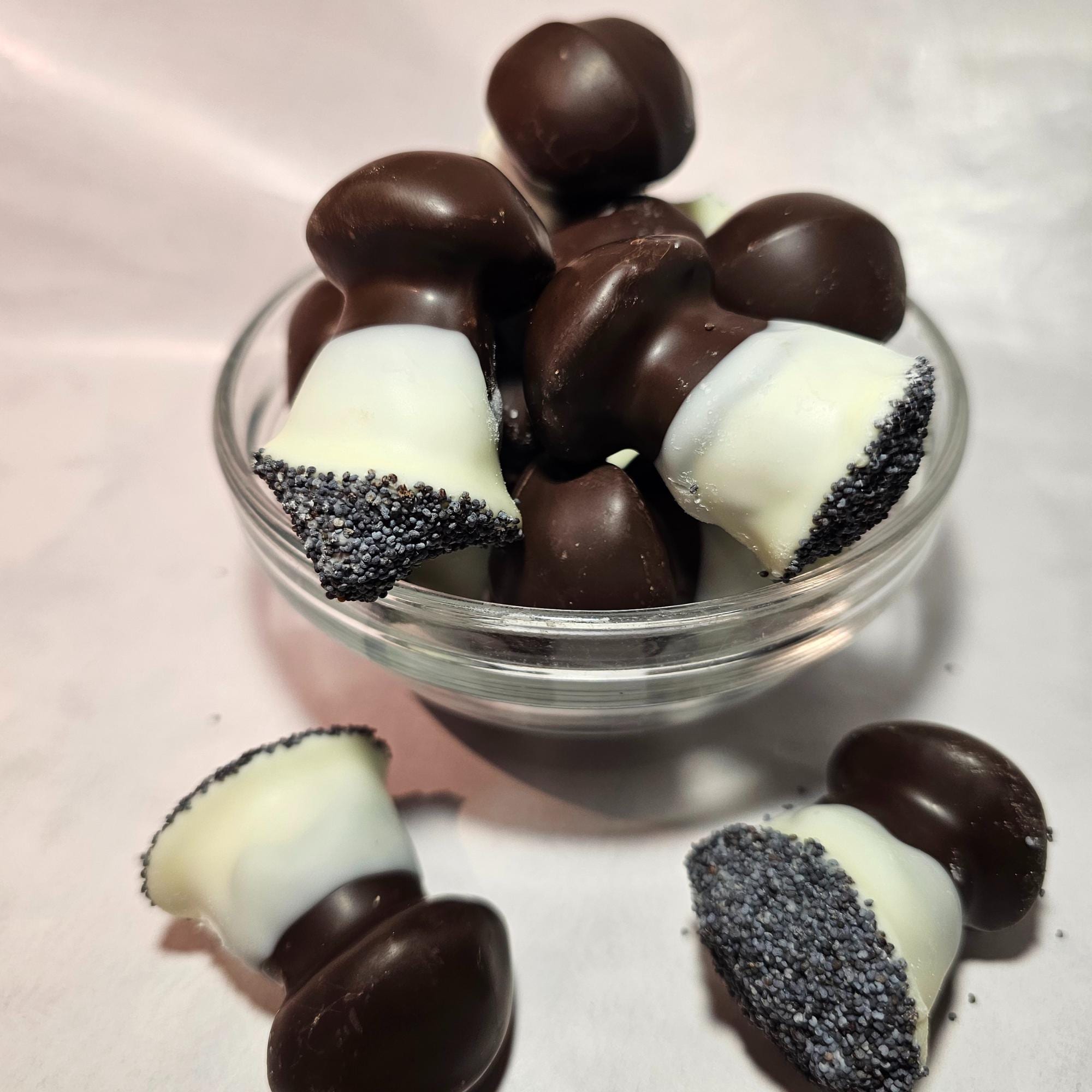 Handmade glazed mushrooms cookies with white and dark chocolate, 500g box