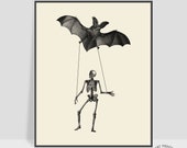skeleton bat art print illustration - dancing skeleton art, bat decorations - horror, skeleton decor