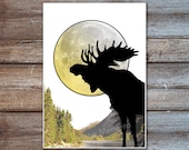 moose decor, wild and free print, full moon poster, nature art
