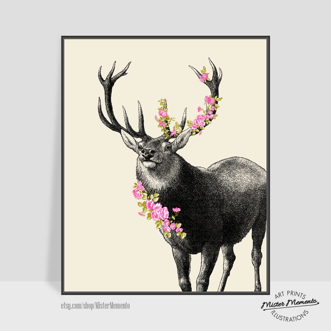 Deer With Flowers Deer Cherry Blossoms Poster Print Wall Etsy
