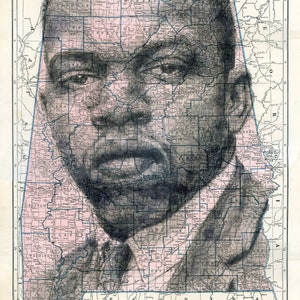 May include: A black and white portrait of a man superimposed over a map of Alabama. The map is in shades of blue, pink, and brown. The text "ALABAMA" is visible at the bottom of the map. The text "Daniel Baster" is visible in the bottom right corner of the map.