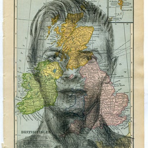 May include: A vintage map of the British Isles with a hand-drawn face superimposed over the map. The face is drawn in black pencil and has a serious expression. The map is labeled with the names of major cities and regions, including London, Edinburgh, and Dublin. The text "David Bowie" is written in cursive at the bottom of the map.