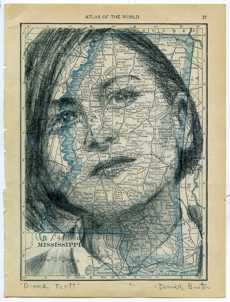 May include: A black and white drawing of a person's face superimposed on a map of Mississippi. The map shows the state's major cities, rivers, and roads. The drawing is done in a realistic style and the person's face is partially obscured by the map. The text "Donna Tartt" and "- Donna R. Baxter" are written at the bottom of the image.