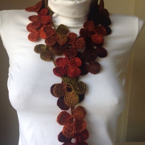 Floral Crochet Scarf, Brown Orange Flower Scarf