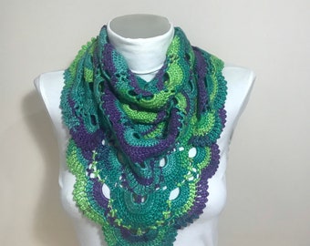 Crochet Scarf/Green Purple scarf/ for her/Scarf for women handmade/Crochet gifts/Crochet scarf handmade/Cheap gifts for friends/Scarf
