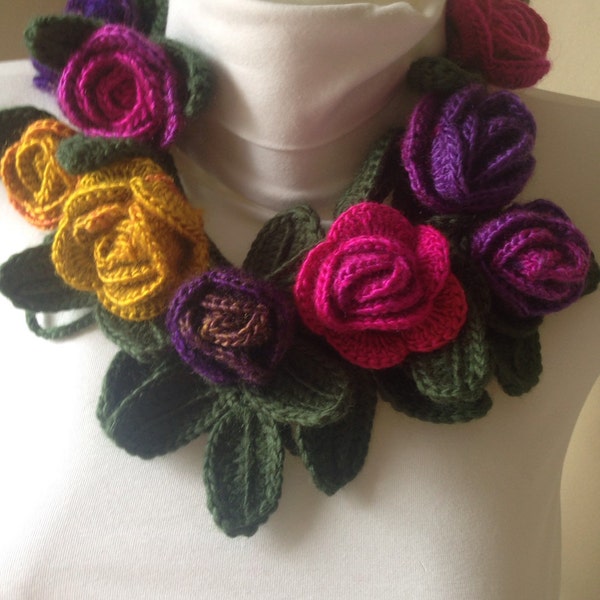 Crocheted Rainbow Rose Scarf, Floral Neck Warmer