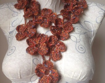 Crocheted Floral Scarf: Brown Glitter Flower Scarf