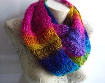 Handmade Rainbow Knitted Scarf/Infinity Scarf/Christmas Gift Ideas/Scarf For Her/scarf for women handmade/Knitted gifts/infinity scarf  knit