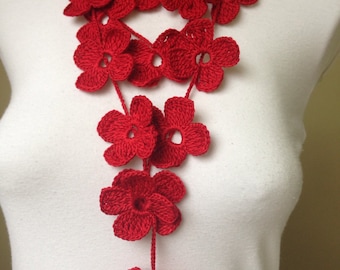 Red Crochet Scarf,Floral  Crochet Scarf in Red,,Christmas Gif,Gift for her women boss sister mom aunt grandma best friend wife