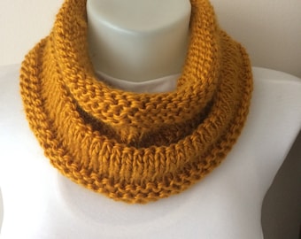 Mustard Yellow Handmade Knit Scarf/Valentines day gift for her/Infinity scarf  knit/Gifts under 30/Knit scarf women handmade/Scarf for her