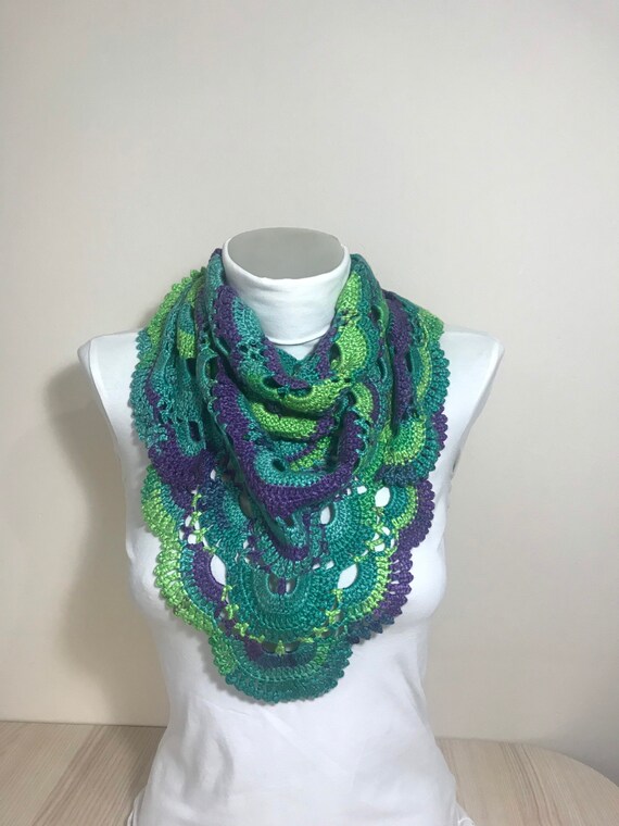 Green Purple Turquoise Crochet Scarf, Colorful Handmade  display picture 1