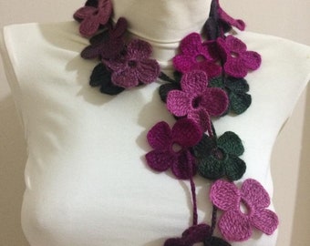 Purple and green floral scarf, Christmas gift, Scarf for her, gift for her, Crochet scarf,handmade scarf,