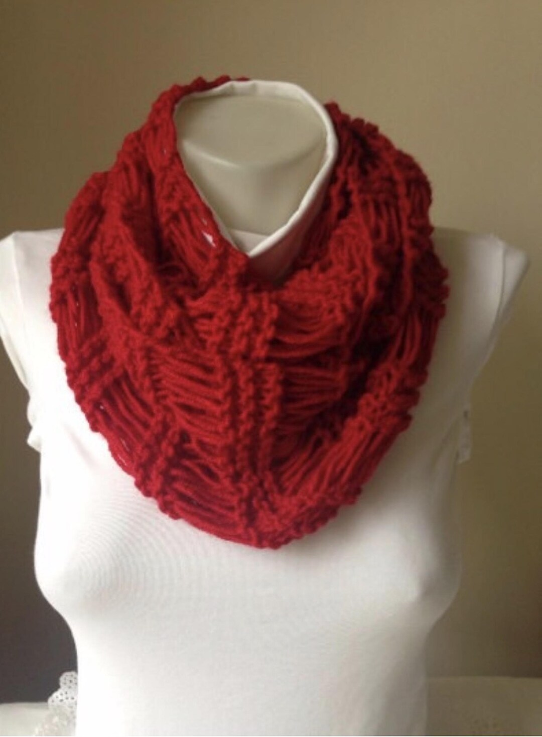 Red Knit Wool Infinity Scarf, Handmade - Etsy