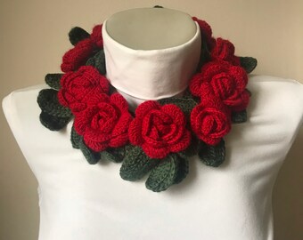 Red Crochet Rose Scarf women/valentines day gift for her/Scarf for her/scarf women red/Crochet scarf women/Crochet gifts/infinity scarf