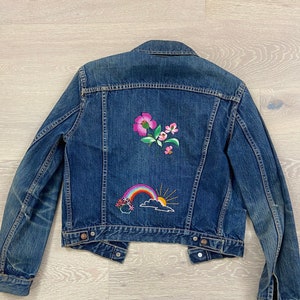 Vintage 60&#39;s ~ 70&#39;s GWG denim jacket // Hand Embroidered Flower & Rainbow // Boho Hippie