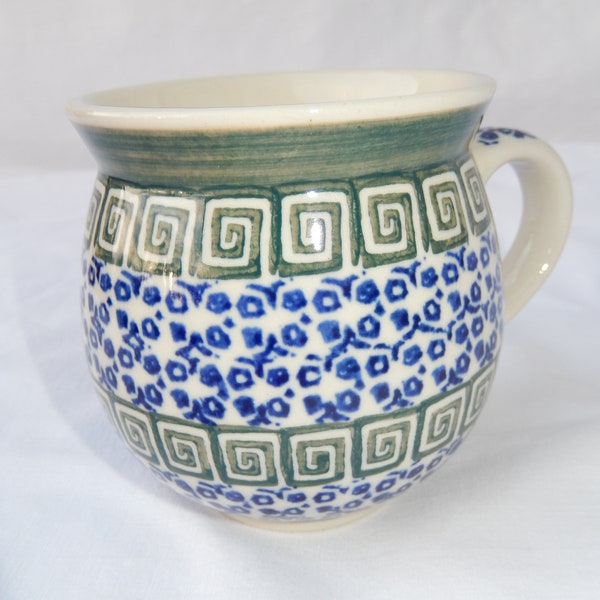 Greek Garden Polish Pottery Bubble Mug - Greek Garden Pattern - Green and Blue - Made by Ceramika Artystyczna