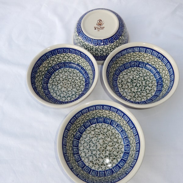 Greek Garden Polish Pottery - Set of 4 - 6" Bowls - Greek Garden Pattern - Green and Blue - Made by Ceramika Artystyczna