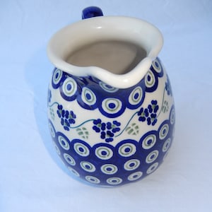 Polish Pottery Pitcher - Flowery Peacock Pattern - Handmade in Poland